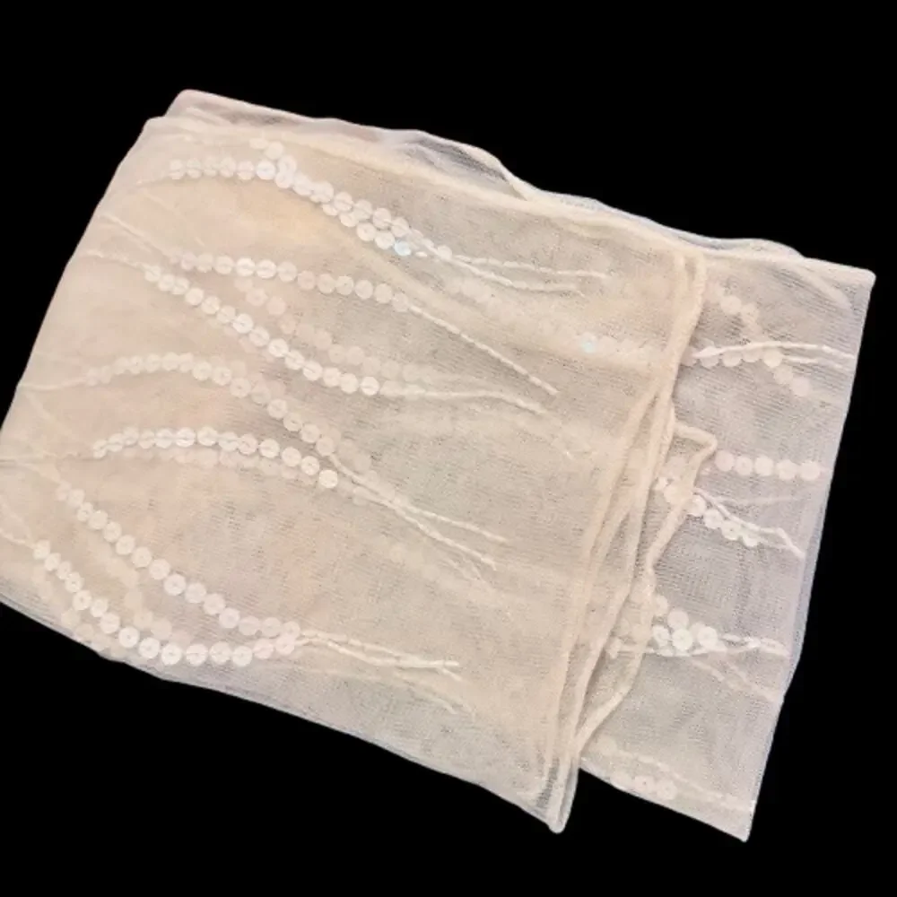 🎊HP!🎊Sheer White Sequined Beaded Decorative Fancy Scarf - Picture 6 of 7